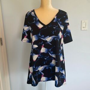 LuLaRoe Medium Top Black with Blue and Pink swirls.  Very flattering cut.